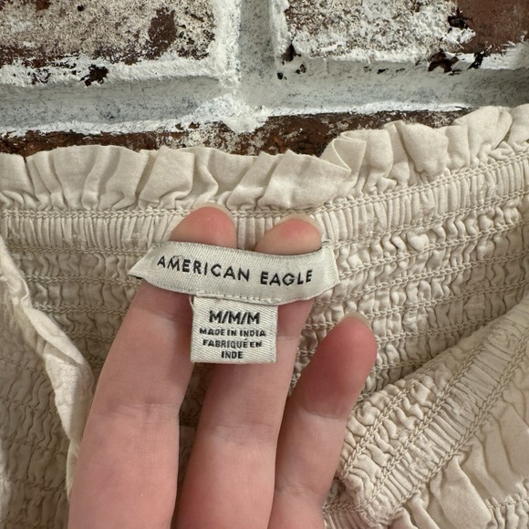 American Eagle Baby Doll Cream Smocked Eyelet Puff Sleeve Tiered‎ Mini Dress M - Picture 6 of 16